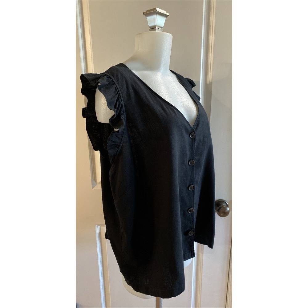 MADEWELL Black Linen Blend Womens Size 16 Sleeveless Ruffled Button Cropped - Picture 3 of 10